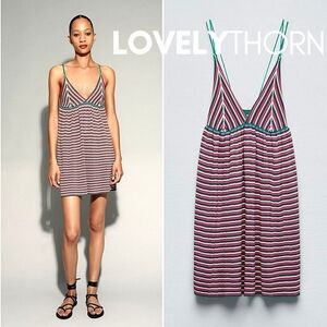 ZARA // rainbow striped strappy plunge knit mini dress